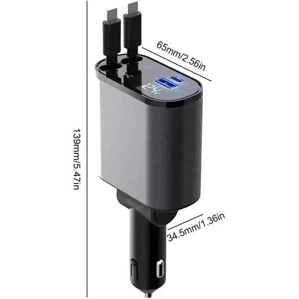 4 in 1 Retractable cables 2 Type C and iOS Fast Charging Car Phone Charger