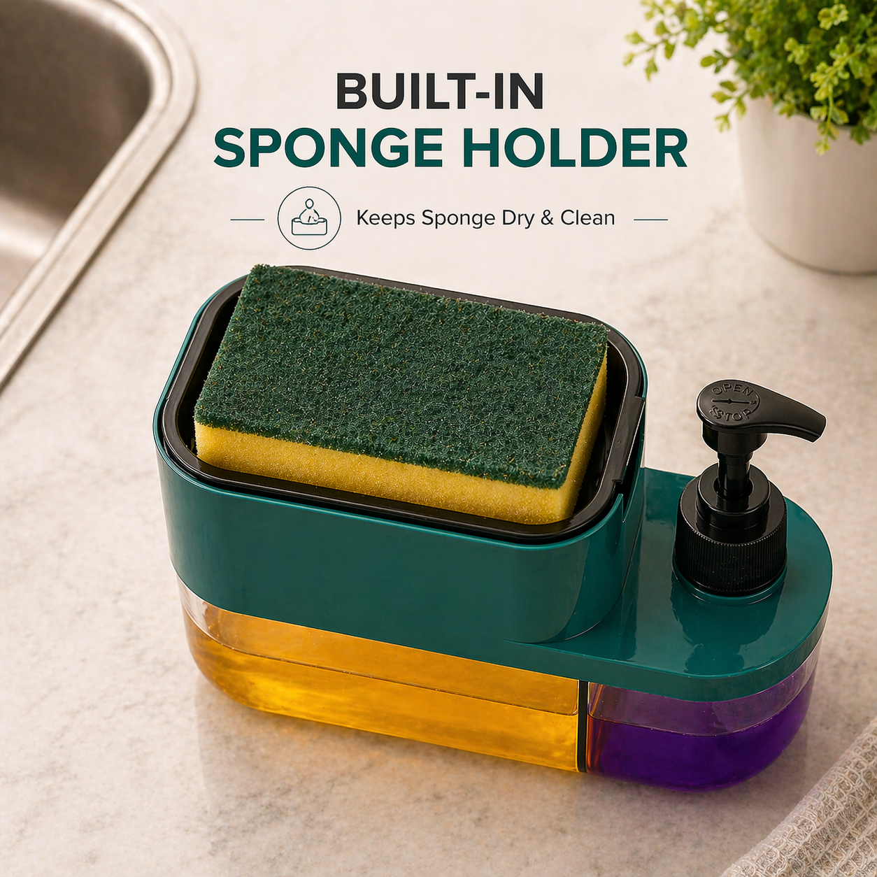 3-In-1 Dish Soap Pump Dispenser With Sponge Holder For Kitchen Sink
