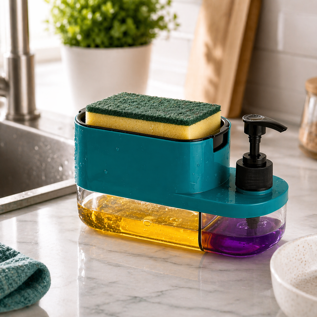 3-In-1 Dish Soap Pump Dispenser With Sponge Holder For Kitchen Sink