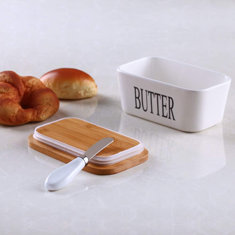 Premium Ceramic Butter Dish Container with Airtight Wooden Lid & Knife | Keep Butter Fresh & Soft Longer (Fridge & Counter Use)