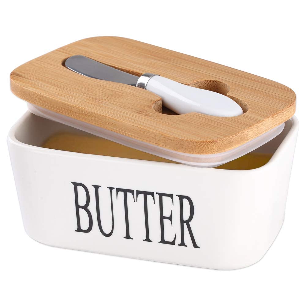Premium Ceramic Butter Dish Container with Airtight Wooden Lid & Knife | Keep Butter Fresh & Soft Longer (Fridge & Counter Use)
