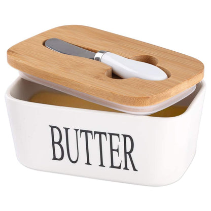 Premium Ceramic Butter Dish Container with Airtight Wooden Lid & Knife | Keep Butter Fresh & Soft Longer (Fridge & Counter Use)