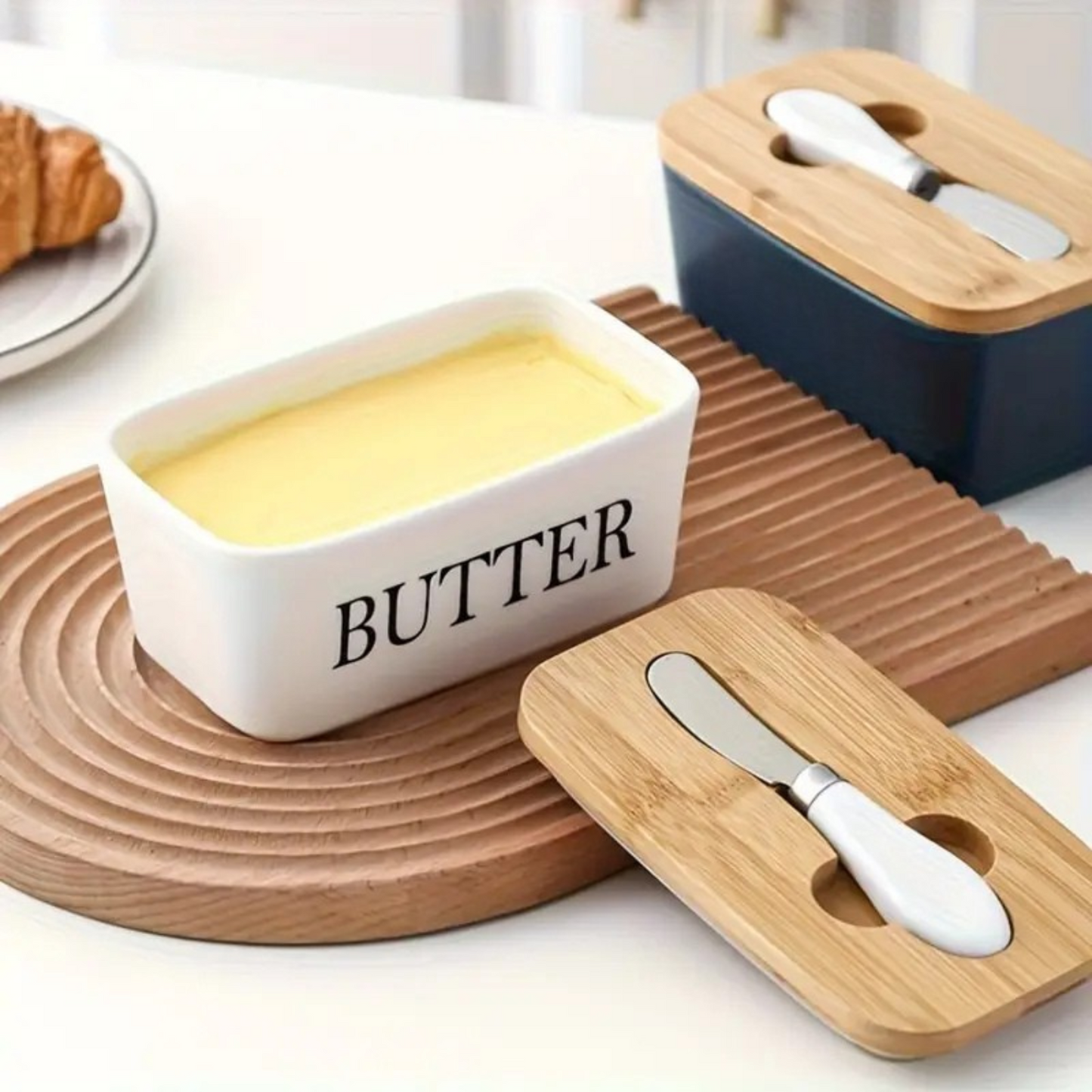 Premium Ceramic Butter Dish Container with Airtight Wooden Lid & Knife | Keep Butter Fresh & Soft Longer (Fridge & Counter Use)