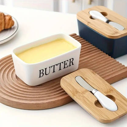 Premium Ceramic Butter Dish Container with Airtight Wooden Lid & Knife | Keep Butter Fresh & Soft Longer (Fridge & Counter Use)
