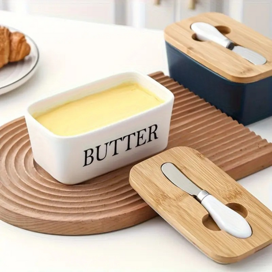 Premium Ceramic Butter Dish Container with Airtight Wooden Lid & Knife | Keep Butter Fresh & Soft Longer (Fridge & Counter Use)