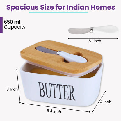 Premium Ceramic Butter Dish Container with Airtight Wooden Lid & Knife | Keep Butter Fresh & Soft Longer (Fridge & Counter Use)