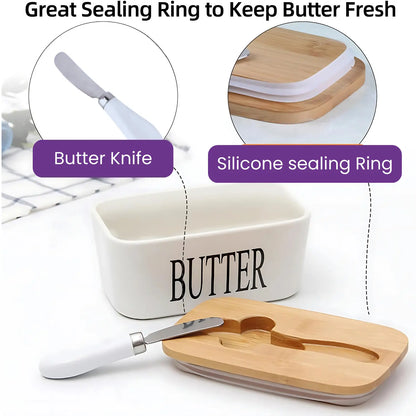Premium Ceramic Butter Dish Container with Airtight Wooden Lid & Knife | Keep Butter Fresh & Soft Longer (Fridge & Counter Use)
