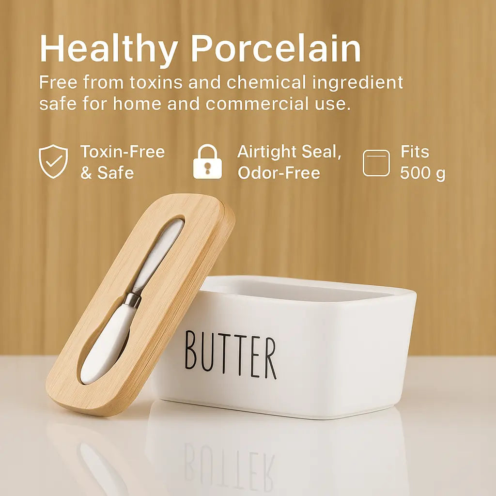 Premium Ceramic Butter Dish Container with Airtight Wooden Lid & Knife | Keep Butter Fresh & Soft Longer (Fridge & Counter Use)