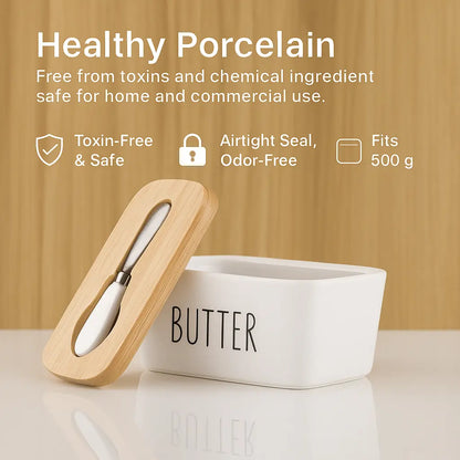 Premium Ceramic Butter Dish Container with Airtight Wooden Lid & Knife | Keep Butter Fresh & Soft Longer (Fridge & Counter Use)