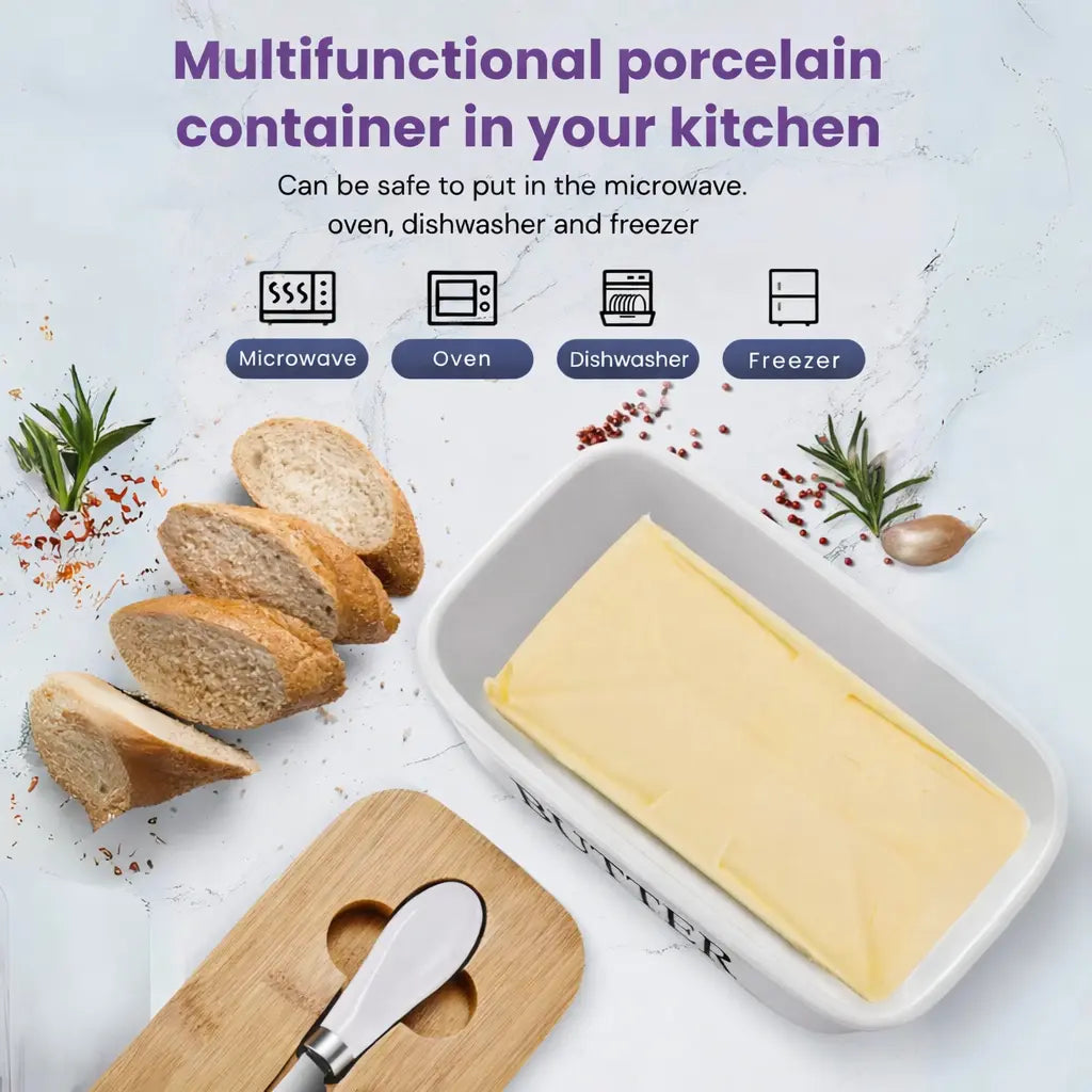 Premium Ceramic Butter Dish Container with Airtight Wooden Lid & Knife | Keep Butter Fresh & Soft Longer (Fridge & Counter Use)