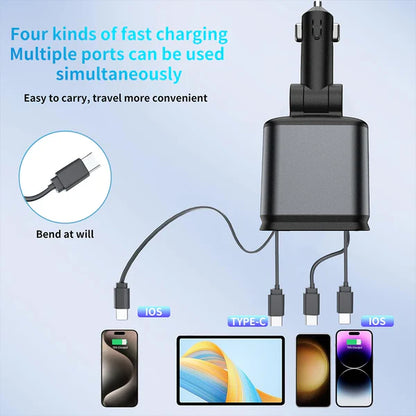 4 in 1 Retractable cables 2 Type C and iOS Fast Charging Car Phone Charger