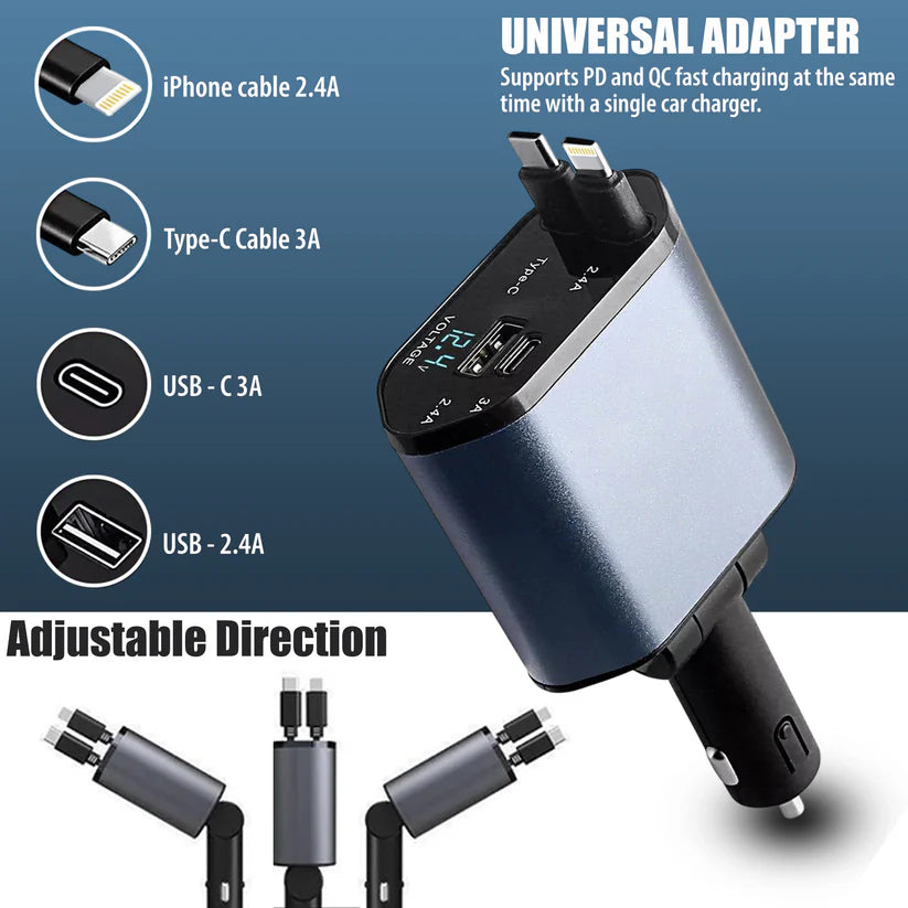 4 in 1 Retractable cables 2 Type C and iOS Fast Charging Car Phone Charger