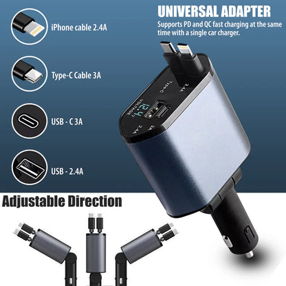 4 in 1 Retractable cables 2 Type C and iOS Fast Charging Car Phone Charger